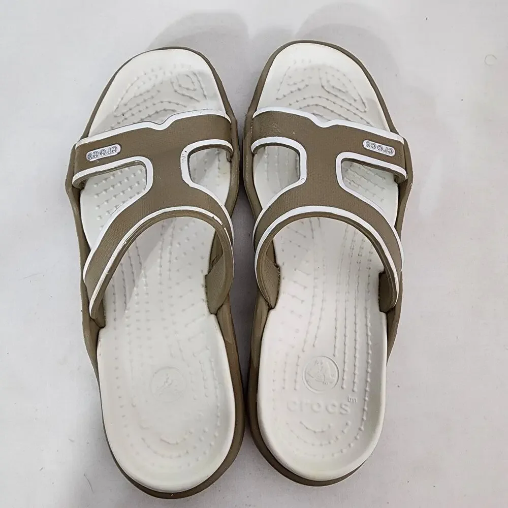 Crocs Women’s Cleo III T Strap Comfort Sandals Slip On Casual White Taupe Size 8